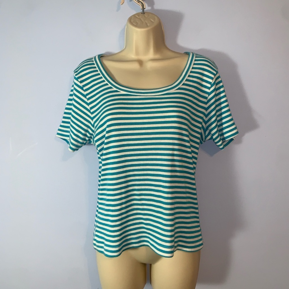 NY & Co Y2K basic Striped Teal blue and White Women's scoop neck T shirt XL